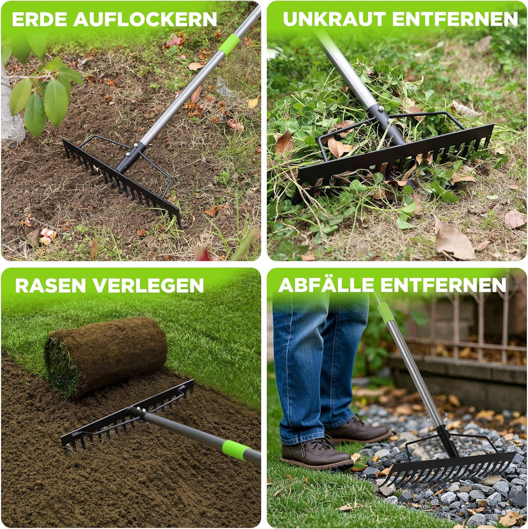 WORKPRO Bogenrechen Garten mit Stiel, 17 Zinken Rechen, Verstellbare & Abnehmbare Harke 86–165 cm, S