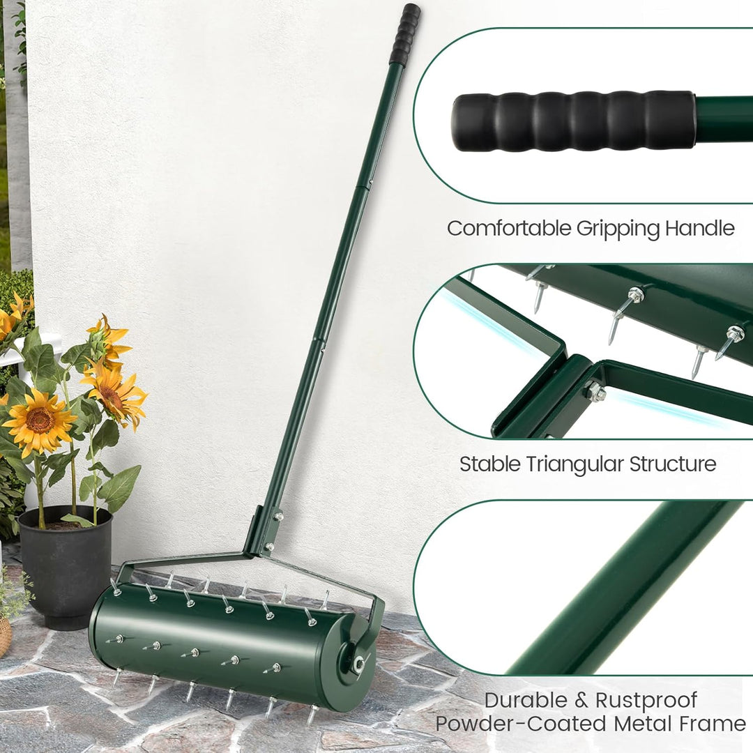 GOPLUS Rasenbelüfter, Handvertikutierer mit Stiel & 3,4cm Nägeln, rollender Aerifizierer, manueller
