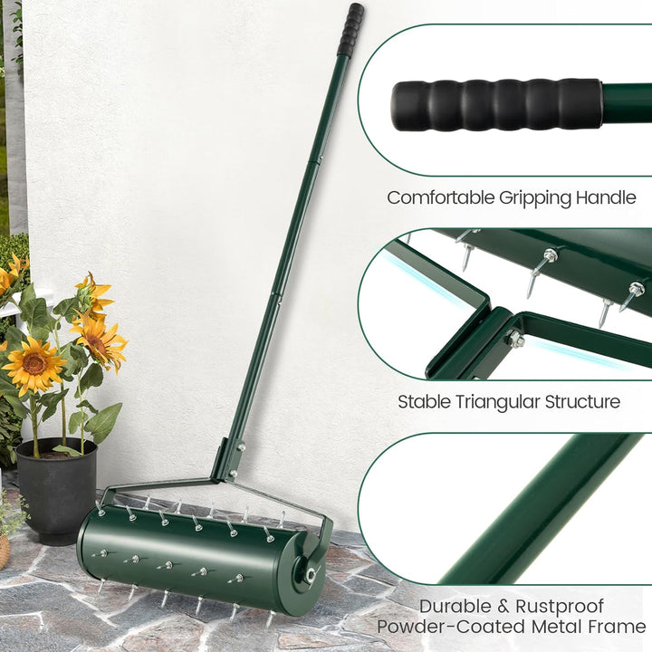 GOPLUS Rasenbelüfter, Handvertikutierer mit Stiel & 3,4cm Nägeln, rollender Aerifizierer, manueller