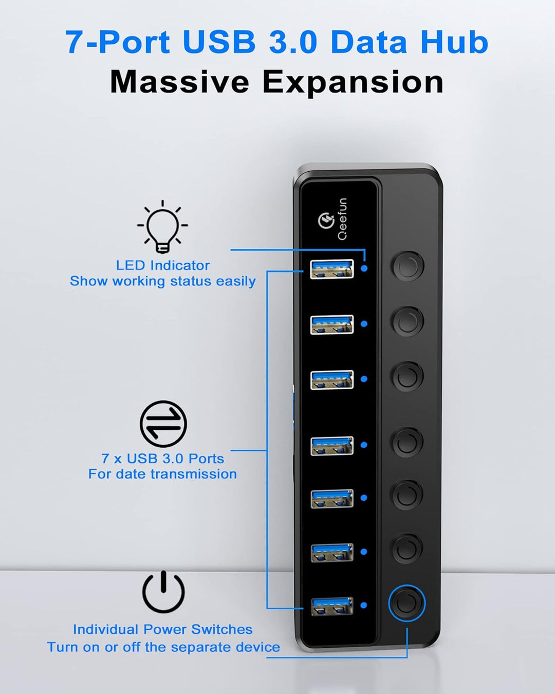 Qeefun Powered USB 3.0 Hub, 7-Ports USB Date Hub, 12V/2A 24W USB Extension Splitter und individuelle