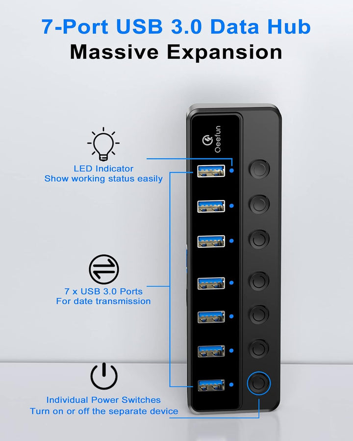 Qeefun Powered USB 3.0 Hub, 7-Ports USB Date Hub, 12V/2A 24W USB Extension Splitter und individuelle