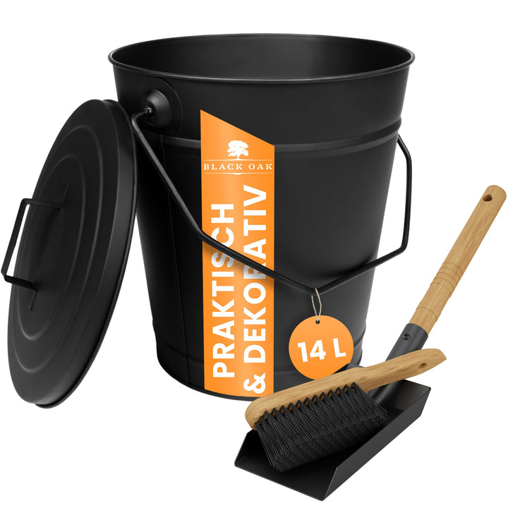 BLACK OAK Ascheeimer Etna 14L – Set Schaufel & Besen schwarz rund mit Deckel gross 14 Liter Stahl fe