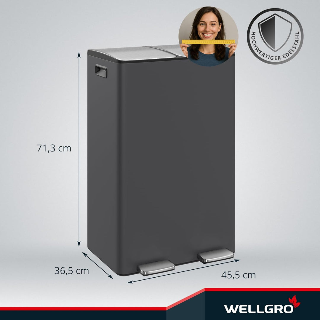 WELLGRO Treteimer grau, Mülleimer, Edelstahl Tretmülleimer mit 2 x 30 Liter, klappbaren Fusspedalen,