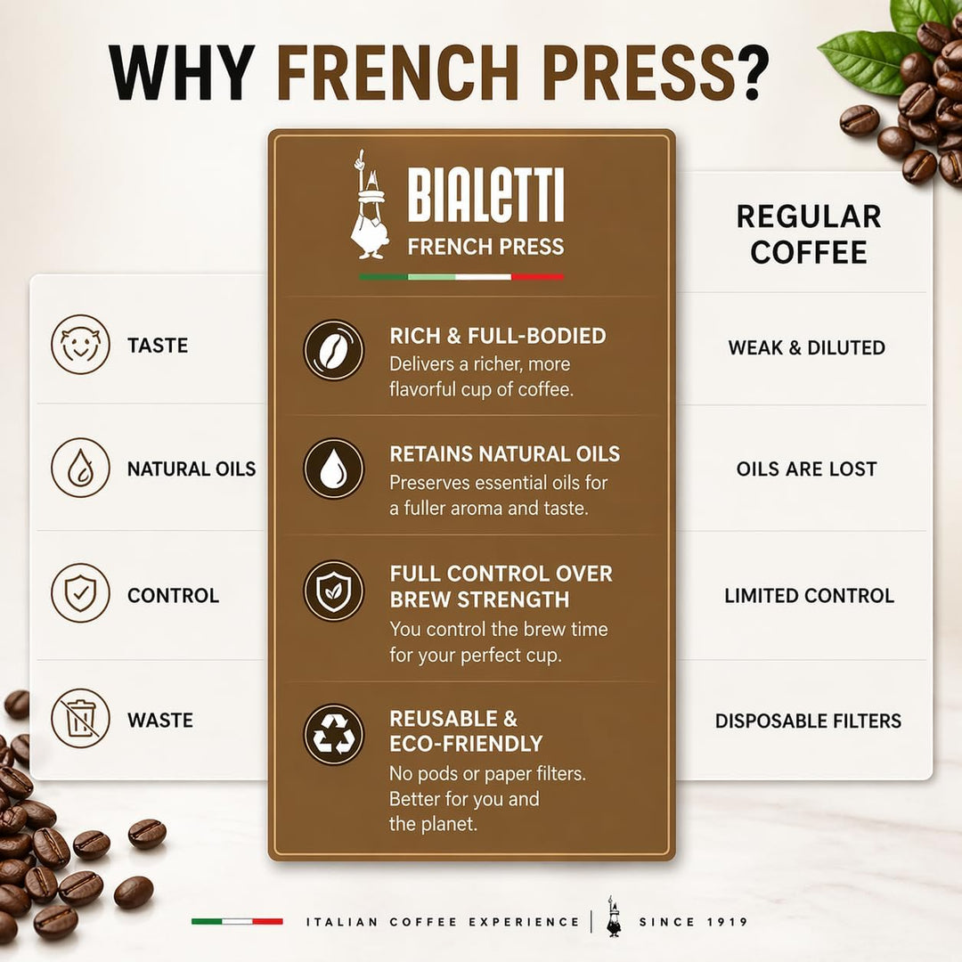 Bialetti Kaffeepresse Preziosa, French Press Filter für Kaffee oder Tee, Gehäuse aus Edelstahl und B