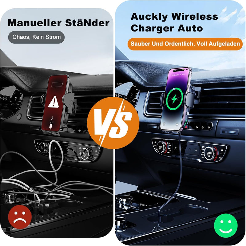 Auckly Handyhalterung Auto mit Ladefunktion, 【+60W PD+QC Autoladegerät】 Qi 15W Fast Wireless Charger