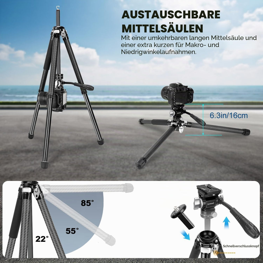 Koolehaoda Kamera Stativ Reisestativ 160 cm Carbon Stativ mit 360° Panorama Fluidkopf & Kurze Mittel