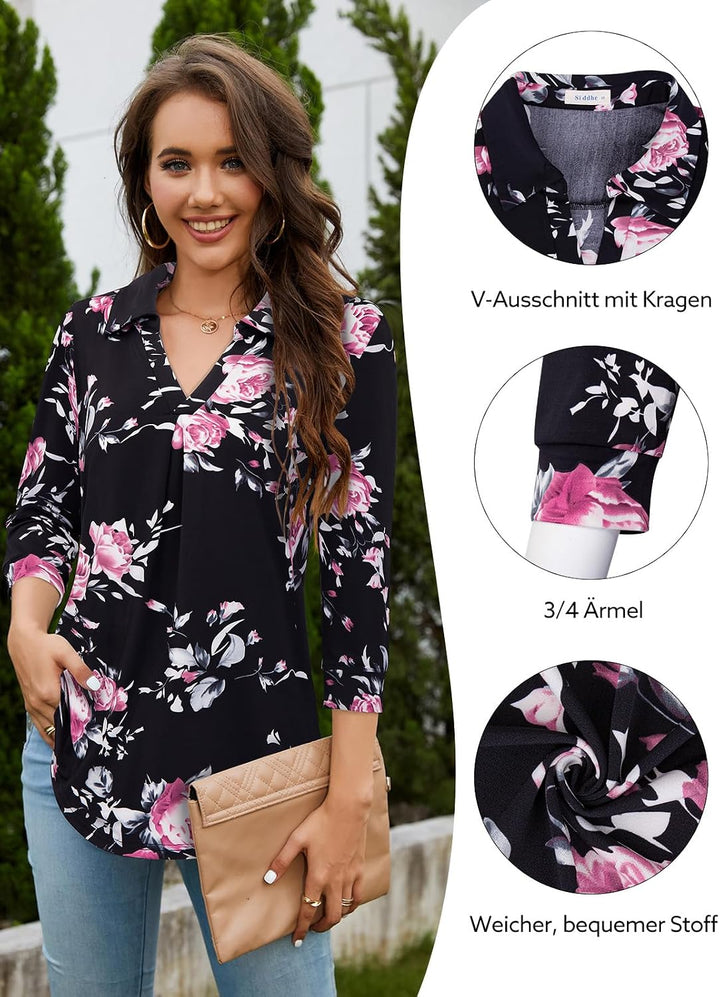 Siddhe Damen V-Ausschnitt Bluse 3/4 Ärmel Oberteile Tunika Tops Locker Longshirt Lässige T-Shirt Lan