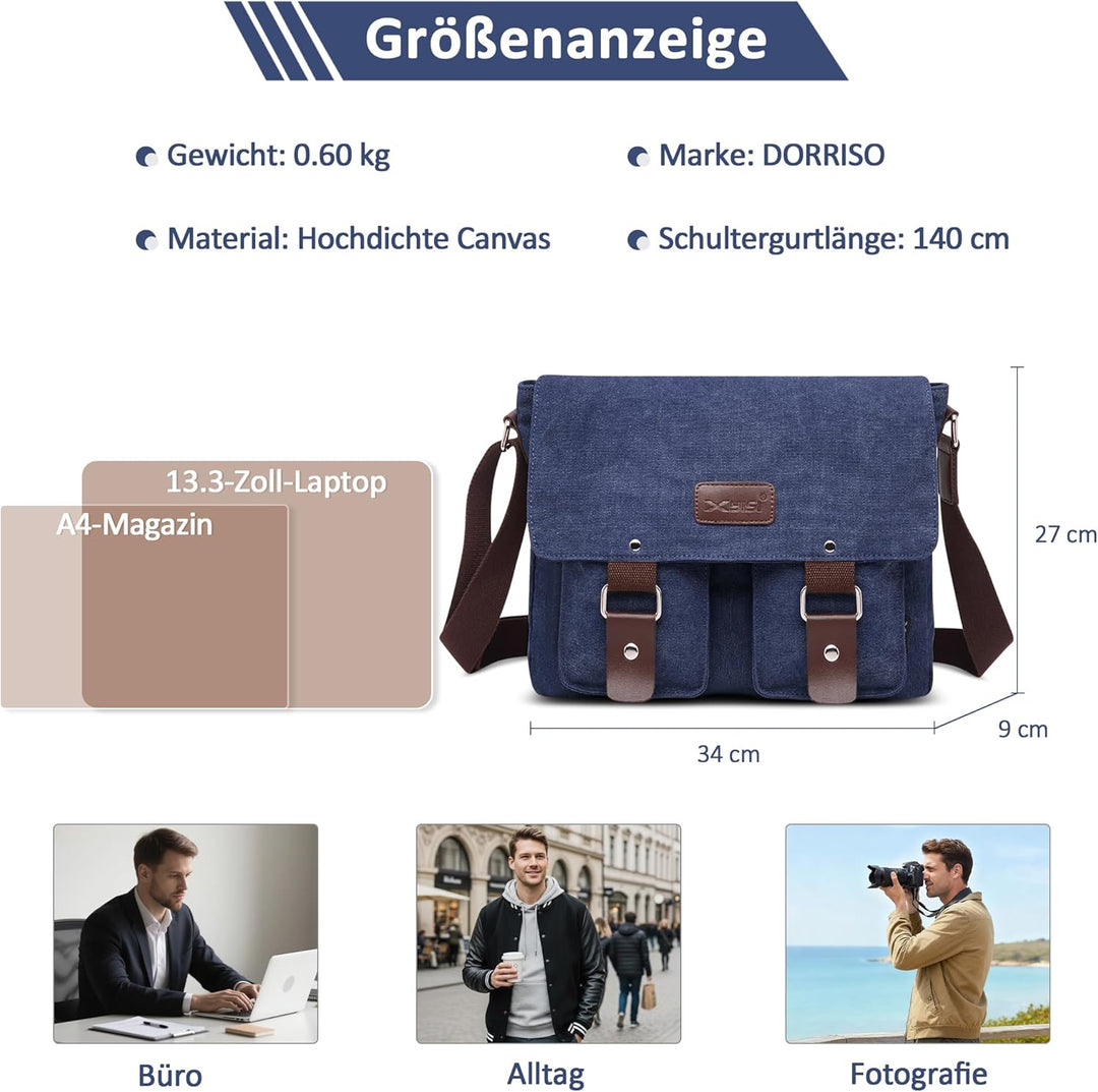 DORRISO Mode Umhängetasche Herren Schultertasche Leinwand Schultertaschen für 13.3 Zoll Laptop Kurie