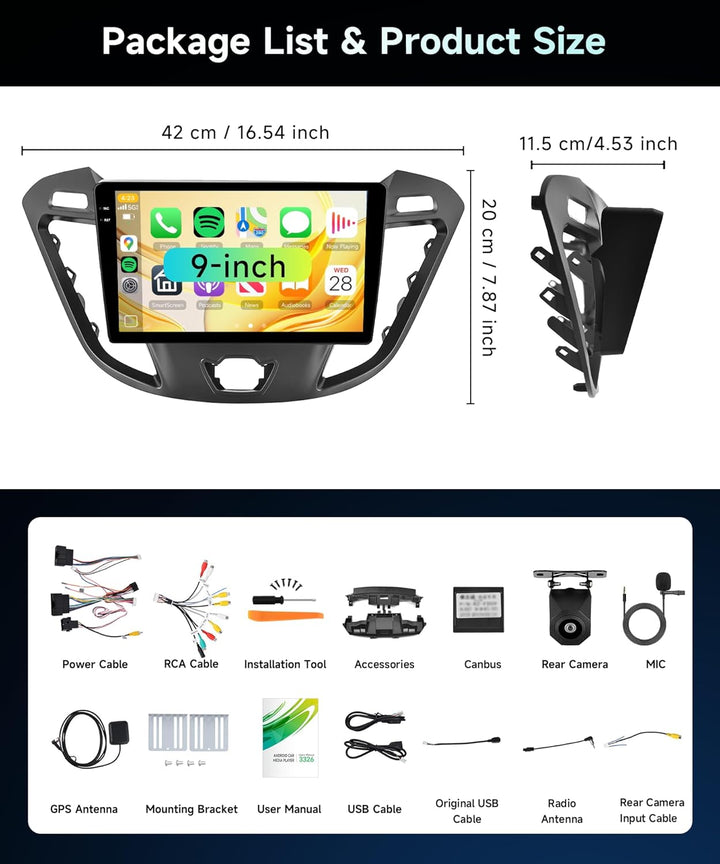 Rimoody 4G+64G Autoradio Android für Ford Transit Custom Tourneo 2013-2018（Mit Bildschirm） 9 Zoll HD