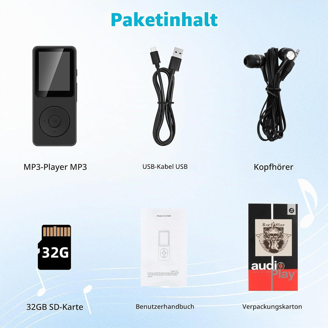 32GB MP3 Player mit Bluetooth 5.3-1.8" TFT-Farbbildschirm MP3-Player mit Kopfhörer Lautsprecher FM-R