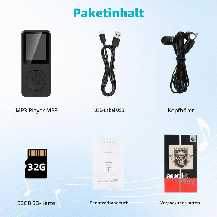 32GB MP3 Player mit Bluetooth 5.3-1.8" TFT-Farbbildschirm MP3-Player mit Kopfhörer Lautsprecher FM-R