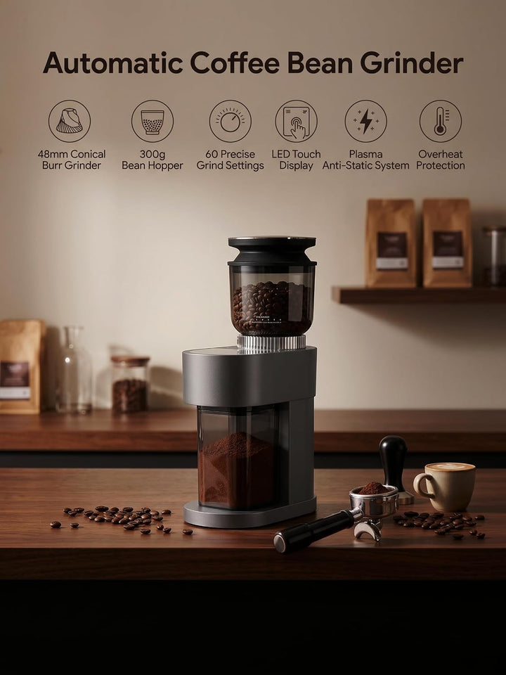 Elektrische Kaffeemühle, 60 Mahlgrade, 48 mm Kegelmahlwerk, Kaffeebohnenmühle mit Siebträgerhalterun