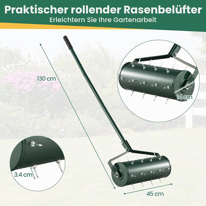 GOPLUS Rasenbelüfter, Handvertikutierer mit Stiel &amp; 3,4cm Nägeln, rollender Aerifizierer, manueller