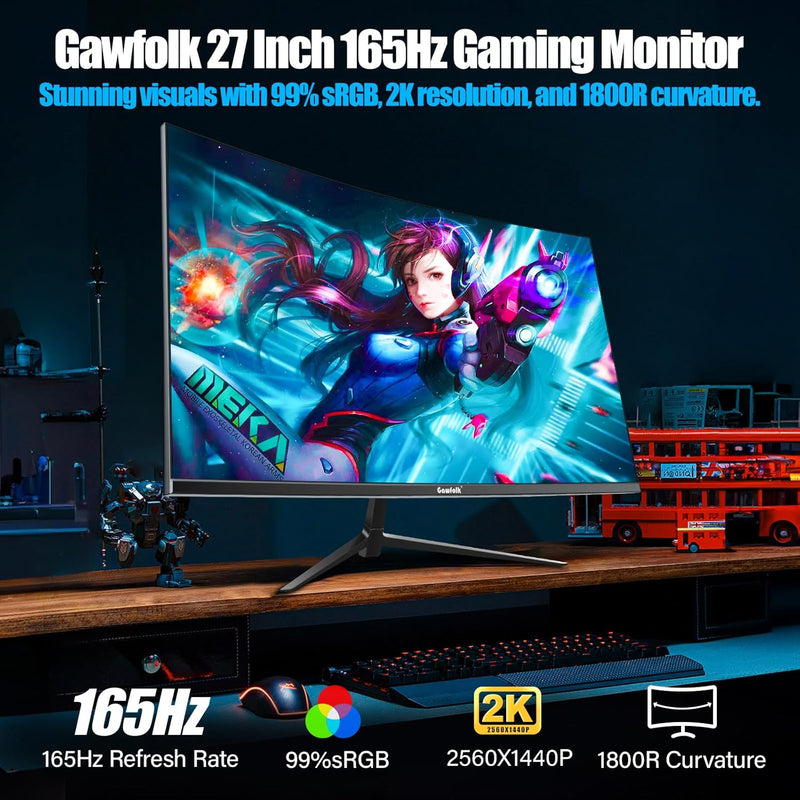 Gawfolk 27 Zoll Curved Gaming Monitor QHD 165Hz, PC Bildschirm Gebogen 2560X1440P, Rahmenloses 1800R