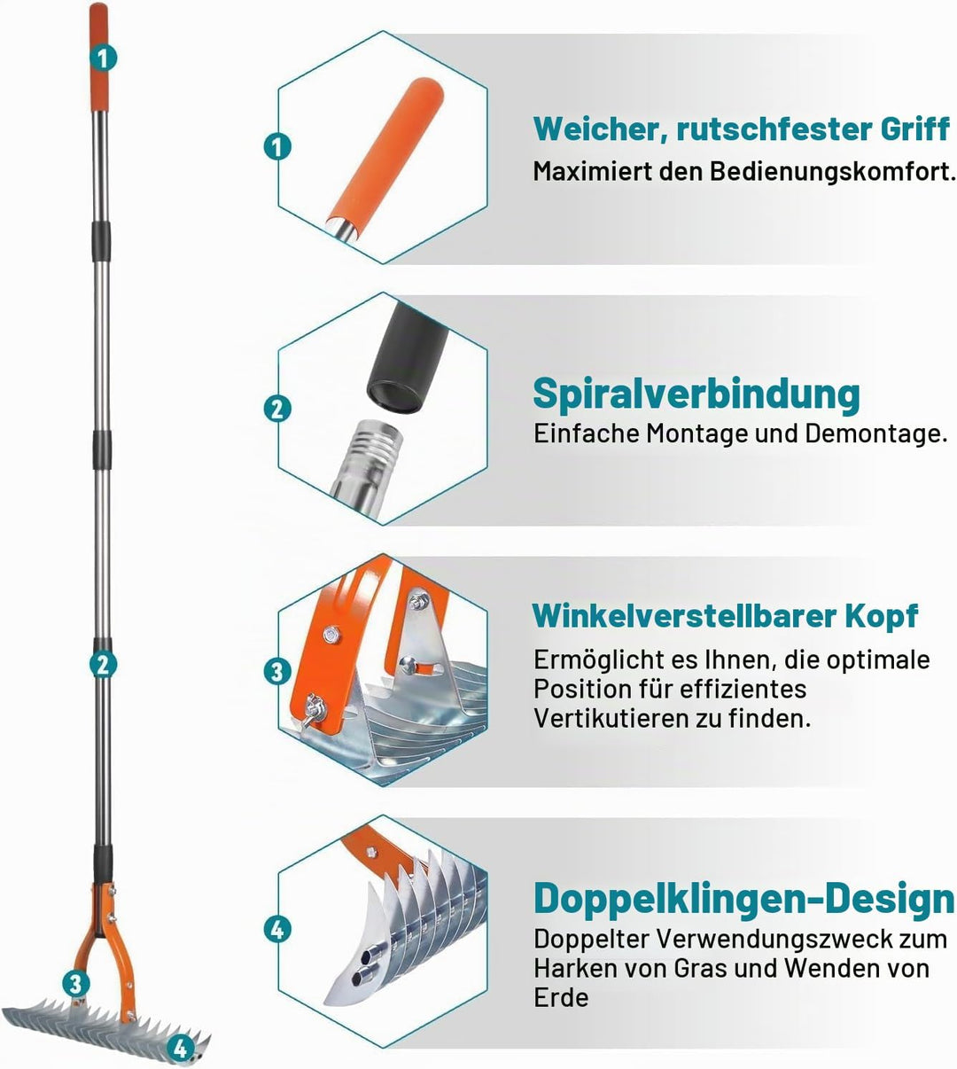 Gartenrechen Vertikutier-Rechen für den Rasen, mit Verstellbarem Stiel, Robuster Rasenrechen Rasenpf