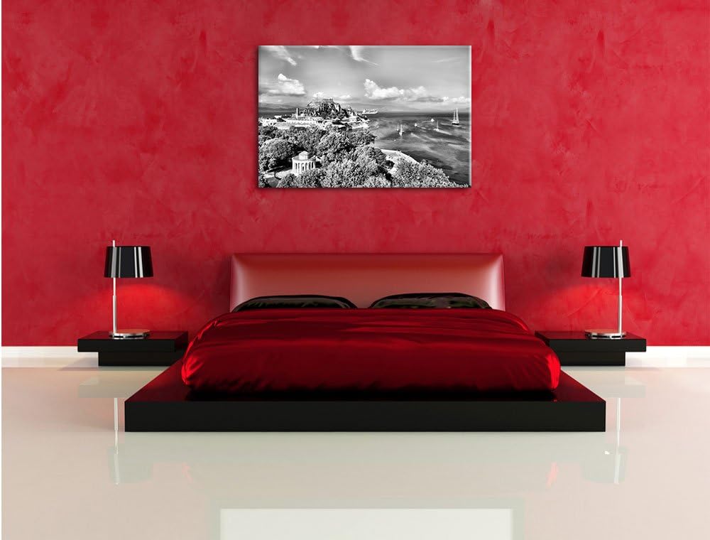 Pixxprint Griechische Entspannungsoase / 100x70cm Leinwandbild bespannt auf Holzrahmen/Wandbild Kuns