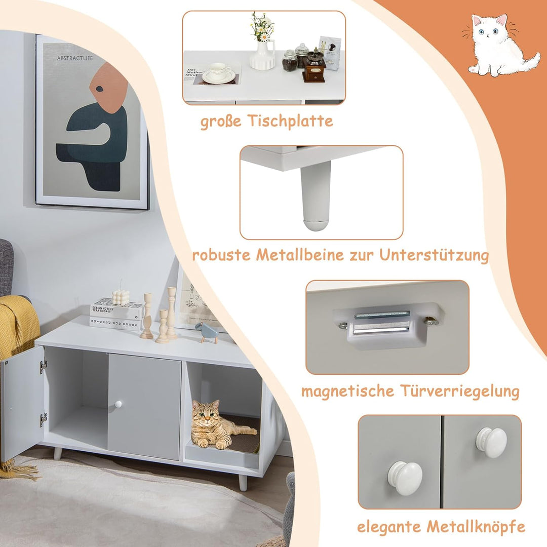 COSTWAY Katzenschrank für Katzentoilette, 2 in 1 Beistelltisch Katzenhaus, Katzenklo Schrank mit Kra