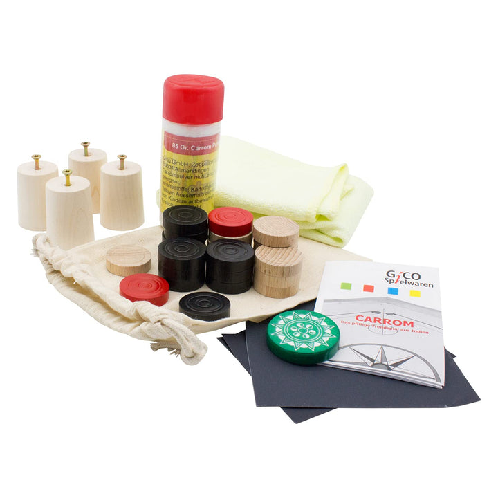 GICO Carrom Zubehör Set für alle handelsüblichen Boards: Carrom Steine, Gleitpulver, Pflegeset, Füss