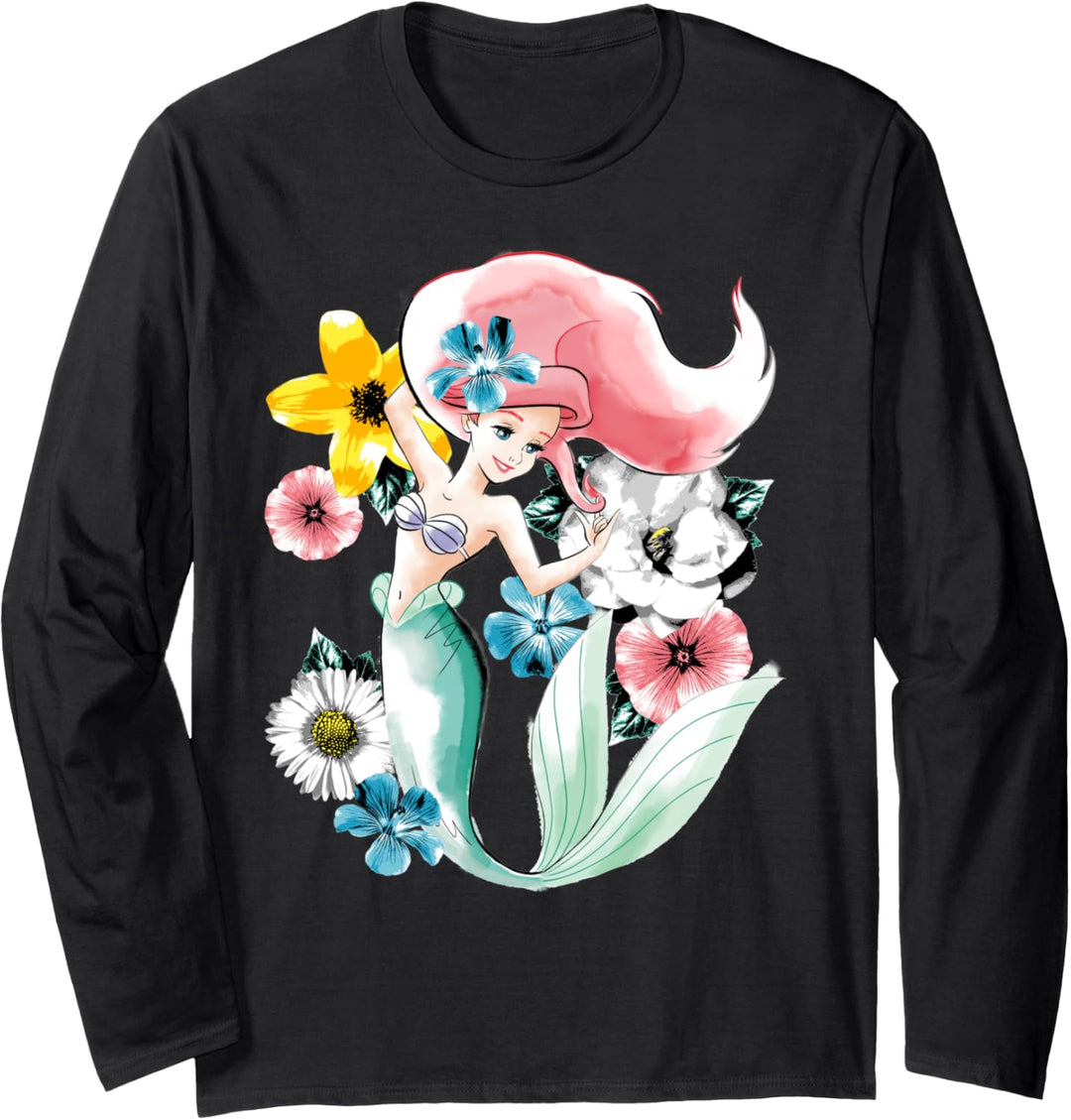 Disney The Little Mermaid Ariel Floral Watercolor Portrait Langarmshirt