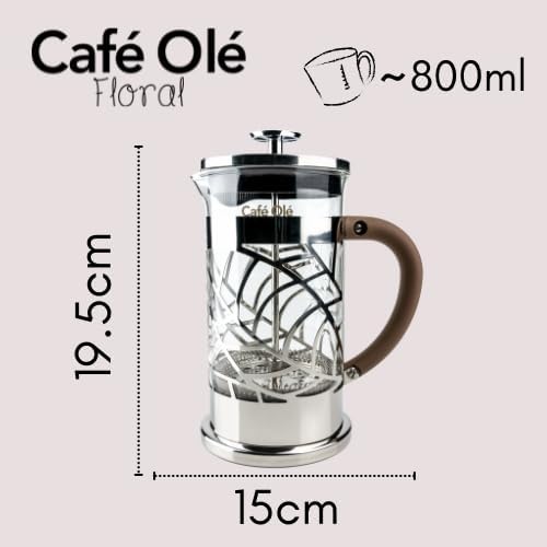 Grunwerg Café Olé Floral Durchsichtiger Kaffeebereiter Kaffeepresse aus Edelstahl 18/10 und Glas 600