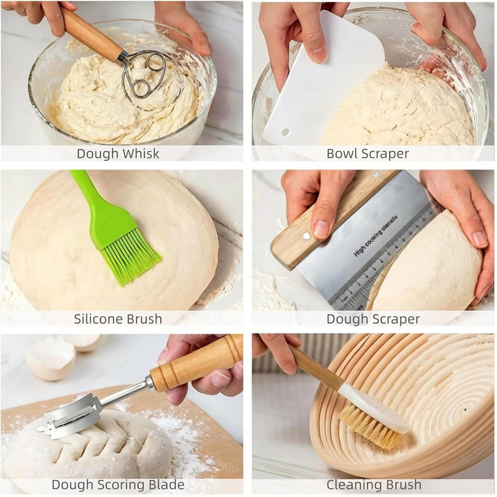 Gärkörbchen Set rund 23 cm aus natürlichem Rattan, Komplettes Brotbackset mit Bäckermesser, Teigscha