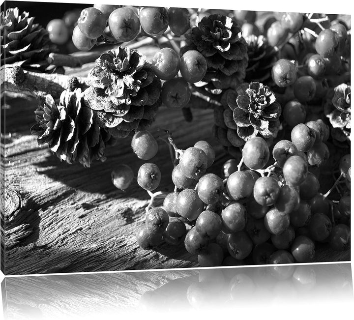 Pixxprint Vogelbeeren und Tannenzapfen Kunst B&W, Format: 100x70 auf Leinwand, 100x70
