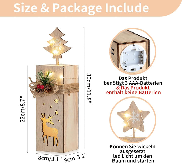 NUPTIO Weihnachtsdeko Holz Rentier Fensterbank - 30cm Höhe 2 Stück LED Dekosäule Holzdeko Weihnachte