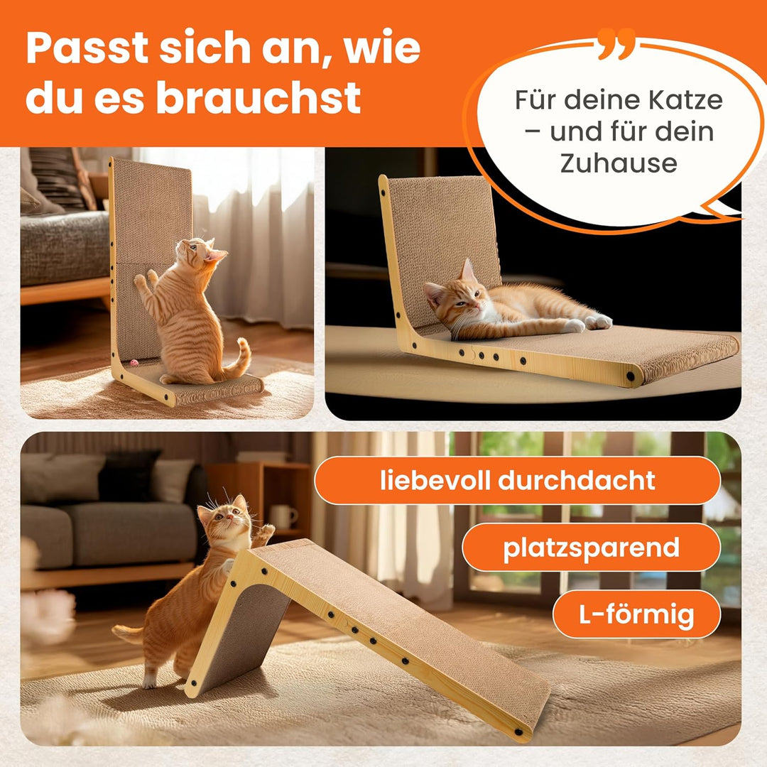 XXL Kratzbrett Katze 70 cm L-förmige Kratzpappe mit Ballspielzeug und Katzenminze, widerstandsfähige