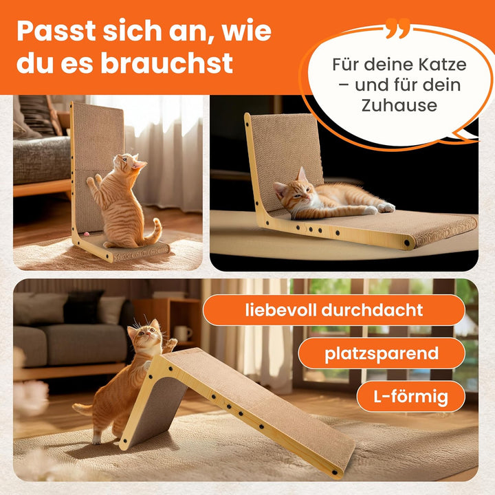 XXL Kratzbrett Katze 70 cm L-förmige Kratzpappe mit Ballspielzeug und Katzenminze, widerstandsfähige