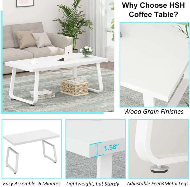 HSH Couchtisch Weiss, Wohnzimmertisch aus Holz Metallgestell, Sofatisch, Tisch, Beistelltisch, Kaffe