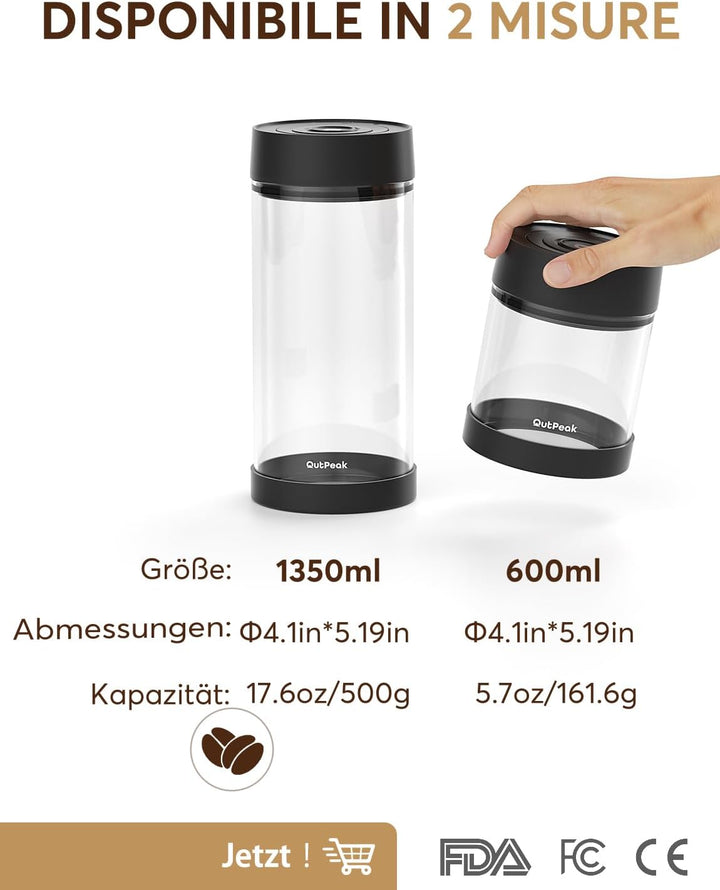 OUTPEAK Neo 2025 Automatischer Vakuum-Kaffeebehälter, 1,35 l für Kaffeebohnen, Bedienung mit einem K