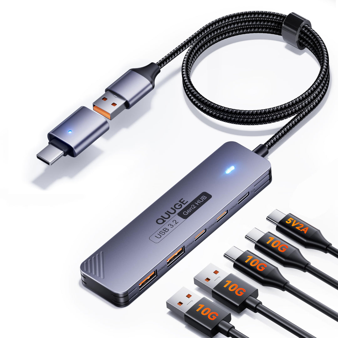 USB Hub 3.2 Gen2, QUUGE 5-in-1 USB Verteiler mit 2 USB-A & 2 USB-C 10Gbps, Multiport Splitter mit A-