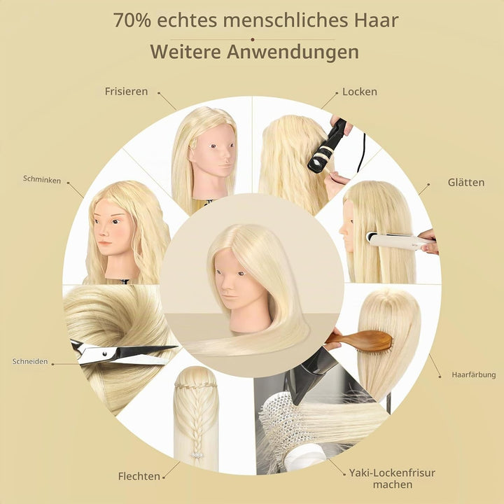Frisierkopf Echthaar, TopDirect 66cm/26 Zoll 70% Echtes Haar Ubungskopf Friseur Trainingskopf mit Fl