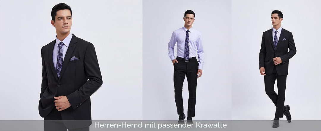 HISDERN Herren Hemd Langarm Einfarbige Hemden mit Krawatte und Taschentuch Formelle Businesshemd Hoc