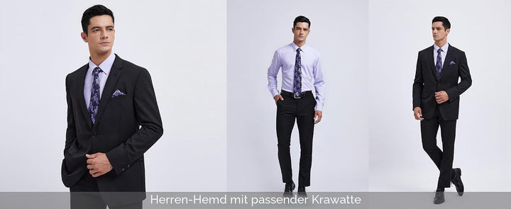 HISDERN Herren Hemd Langarm Einfarbige Hemden mit Krawatte und Taschentuch Formelle Businesshemd Hoc