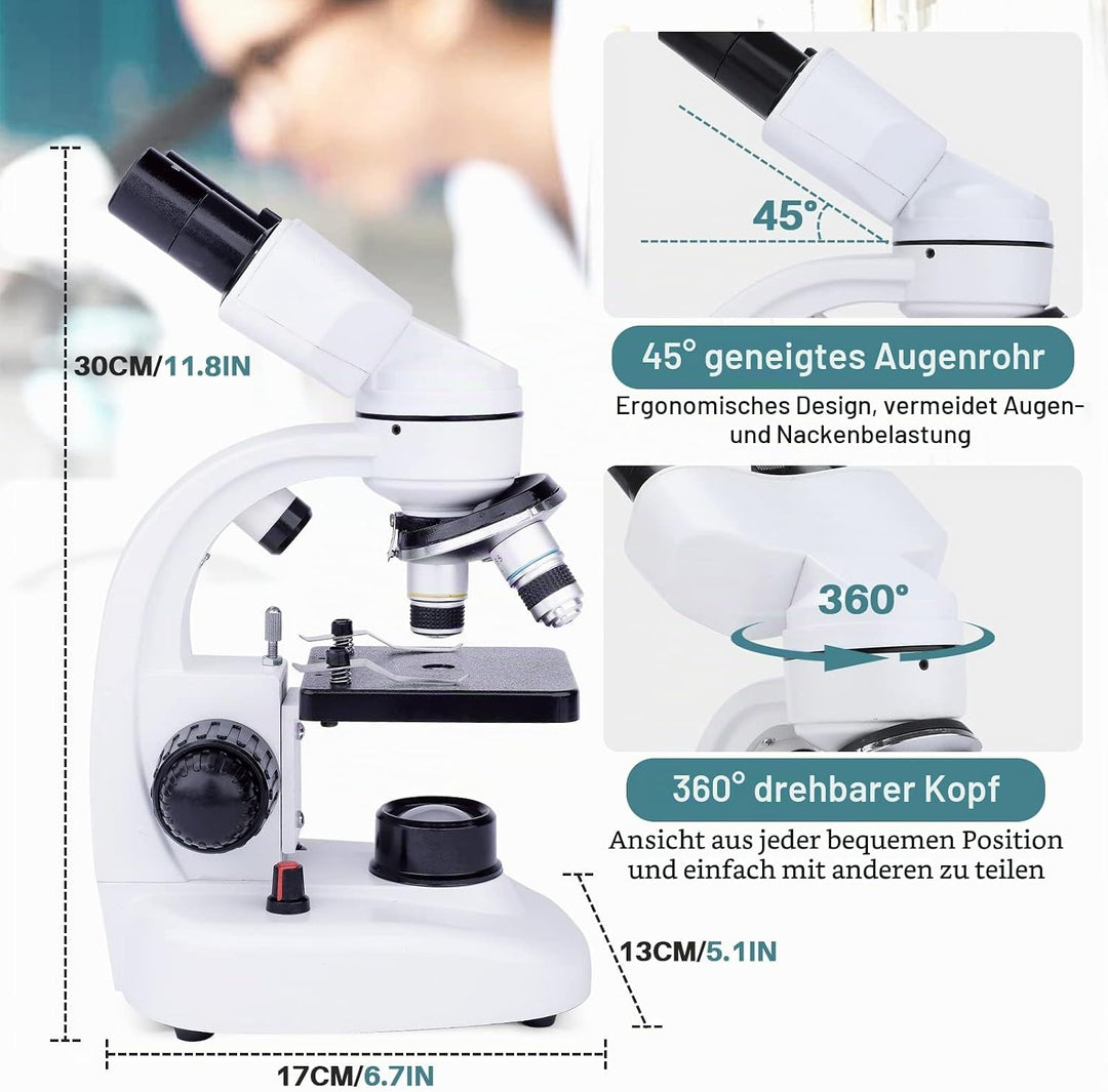 Mikroskop Binokular für Erwachsene Kinder, 40X-1000X Binokular Mikroskop mit Dual-LED-Beleuchtung, A