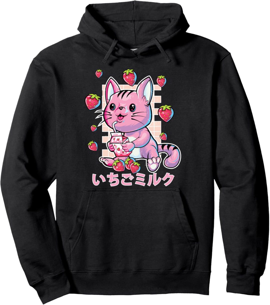 Vaporwave Strawberry Cat 90s Japanese Kawaii Strawberry Milk Pullover Hoodie
