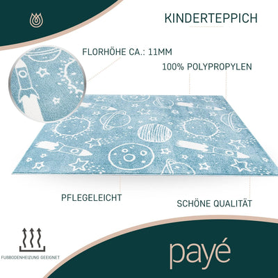 payé Teppich Kinderzimmer Läufer - Blau - 80x150cm - Galaxy Unviersum Weltall Stern Rakete Spieltepp