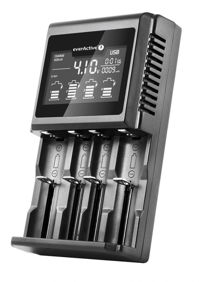 everActive Ladegerät für 4 Akkus 18650 AAA AA C D, professionell und schnell, grosse LCD-Anzeige, Ka