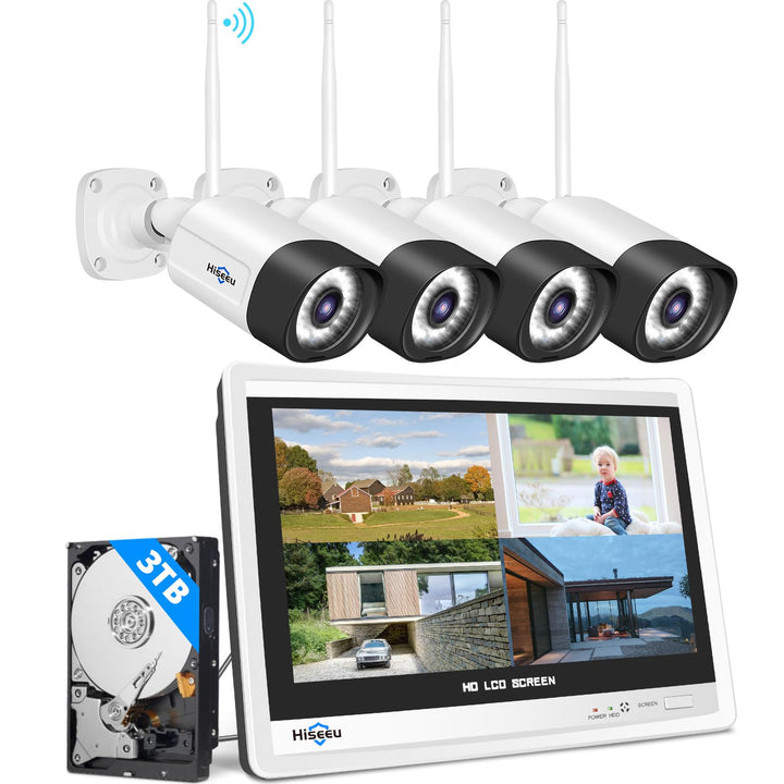 【5MP+3TB Festplatte】 Hiseeu Überwachungskamera Set Aussen WLAN mit 12''Monitor 10CH Wireless NVR,4 P