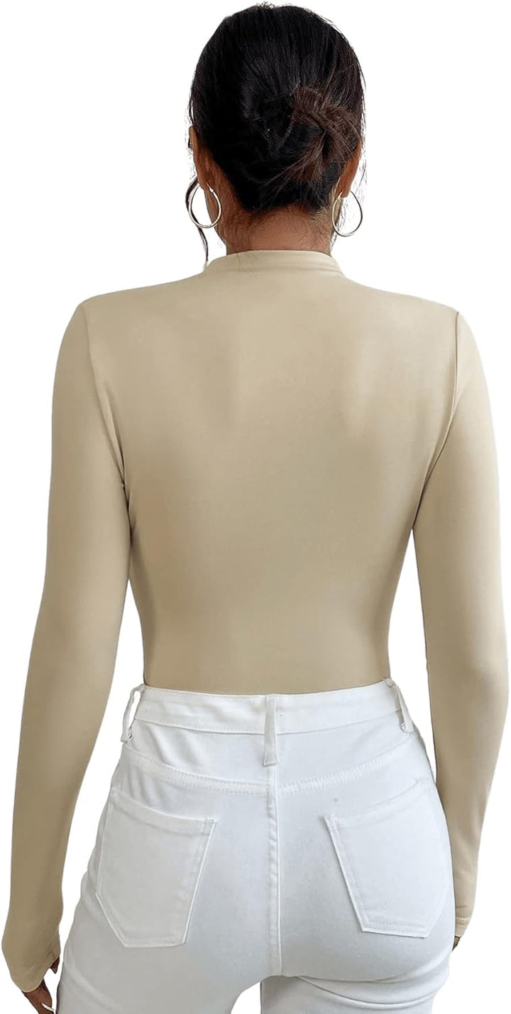 GORGLITTER Damen Body Elegant Langarm Bodysuit mit Rollkragen Rüschen Oberteil Sexy Top Body Aprikos
