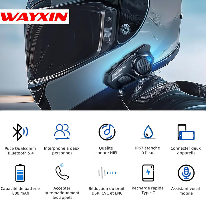 WAYXIN T2 Motorrad Headset mit Gegensprechanlage,Helm Kommunikationssystem für 2 Personen in Reichwe
