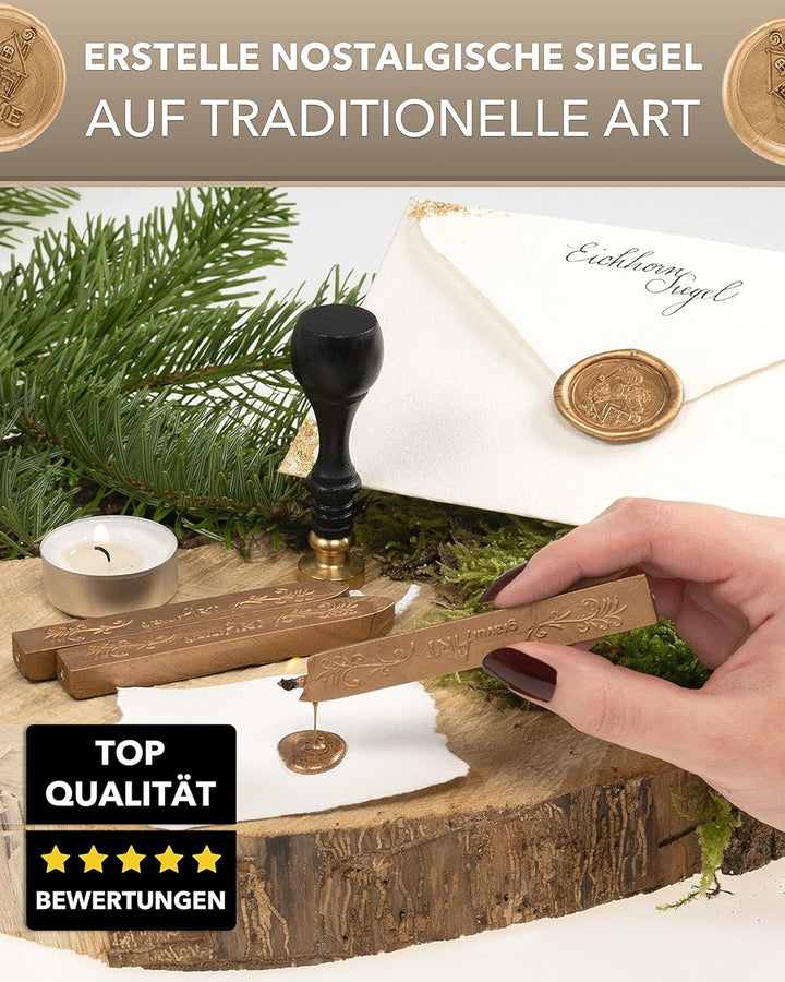 gravurART Siegelset Siegelstempel personalisiert incl. 2 Stangen Siegelwachs und Goldkissen - Einlad