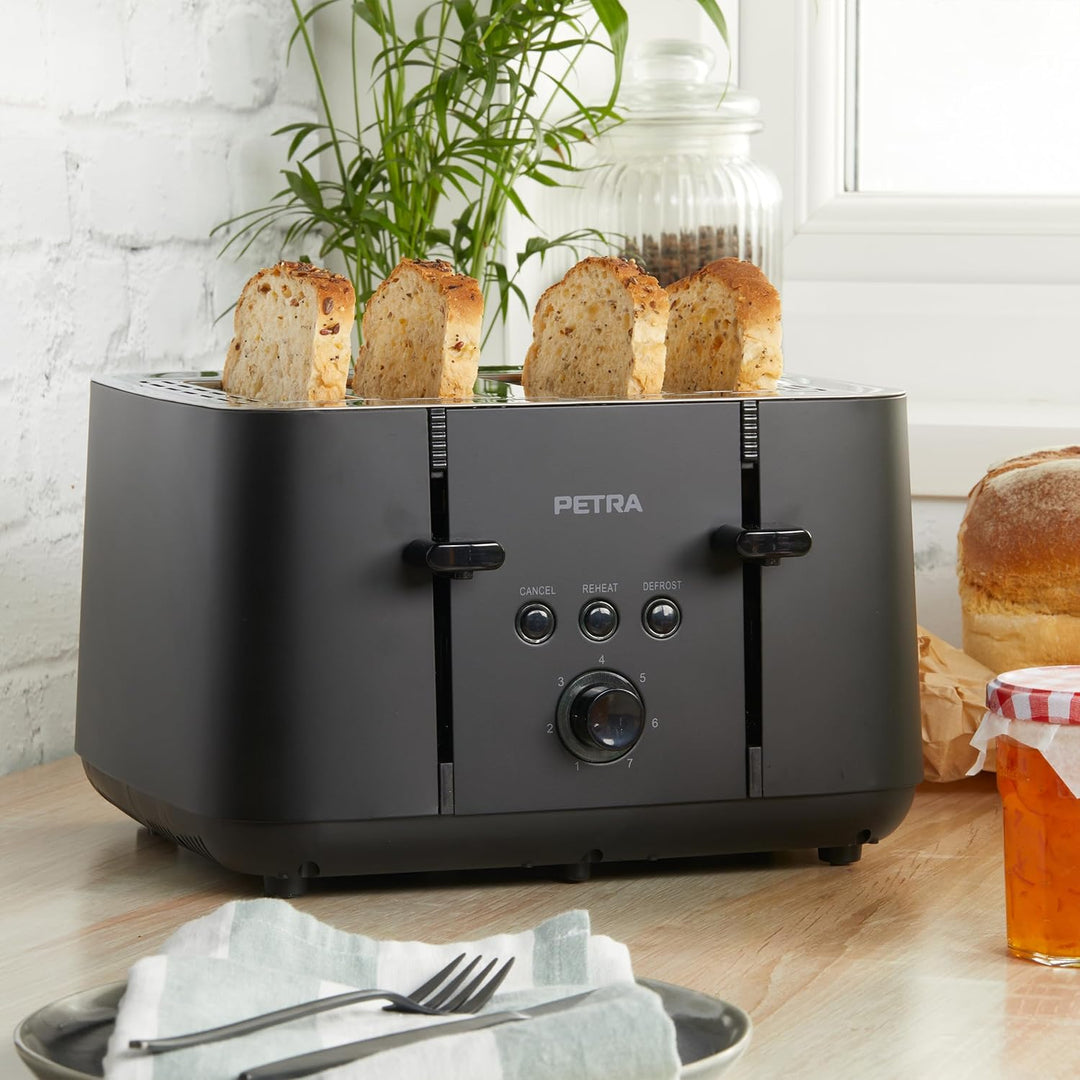 Petra PT5565MBLKVDE 4-Toastschlitze Toaster – selbstzentrierende Toastkammern für die Brotführung, A