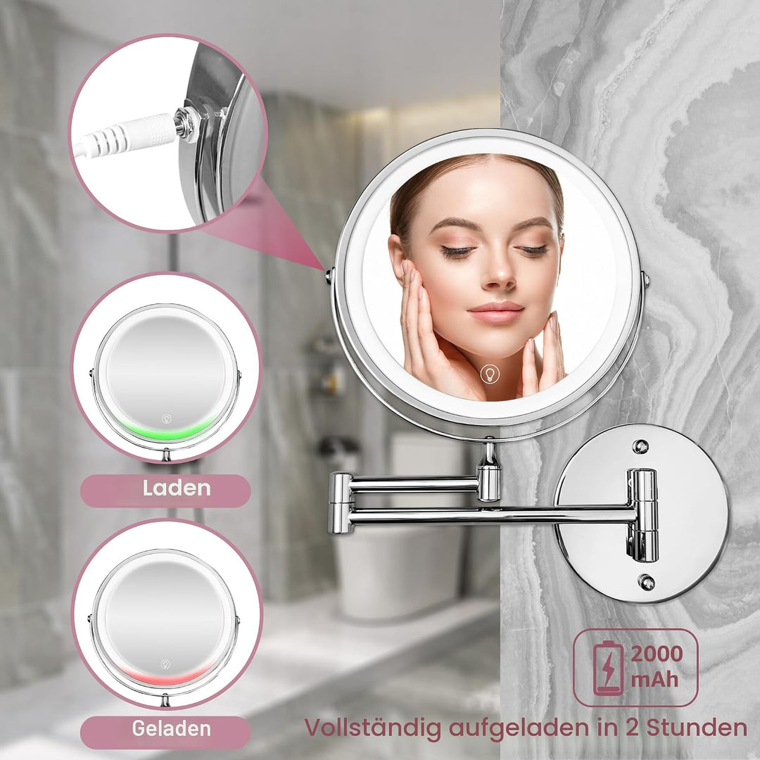Wiederaufladbar Kosmetikspiegel mit 1X/10X Vergrösserung LED Beleuchtung, Dimmbarer Rasierspiegel 3