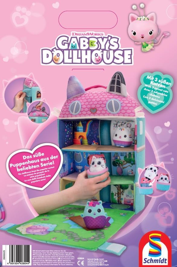 Schmidt Spiele 42804 Gabby's Dollhouse, Puppenhaus mit 3 Figuren und Lift, 41 cm Plüschfigur