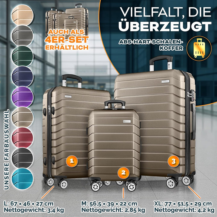 tillvex® Reisekoffer Set 3-TLG. + Gepäckwaage, 6X Koffergurte & 3X Kofferanhänger | Kofferset 4 Roll