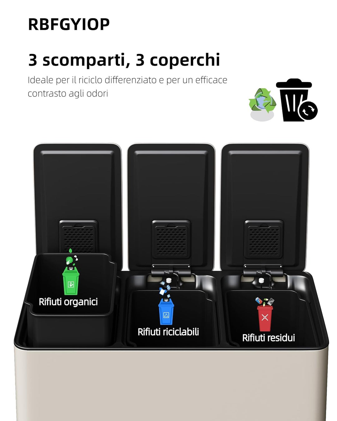 GarveeHome Mülleimer 3 Fächer 45L, Mülltrennsystem mit 3 x 15L Deckel aus Edelstahl, Treteimer Küche
