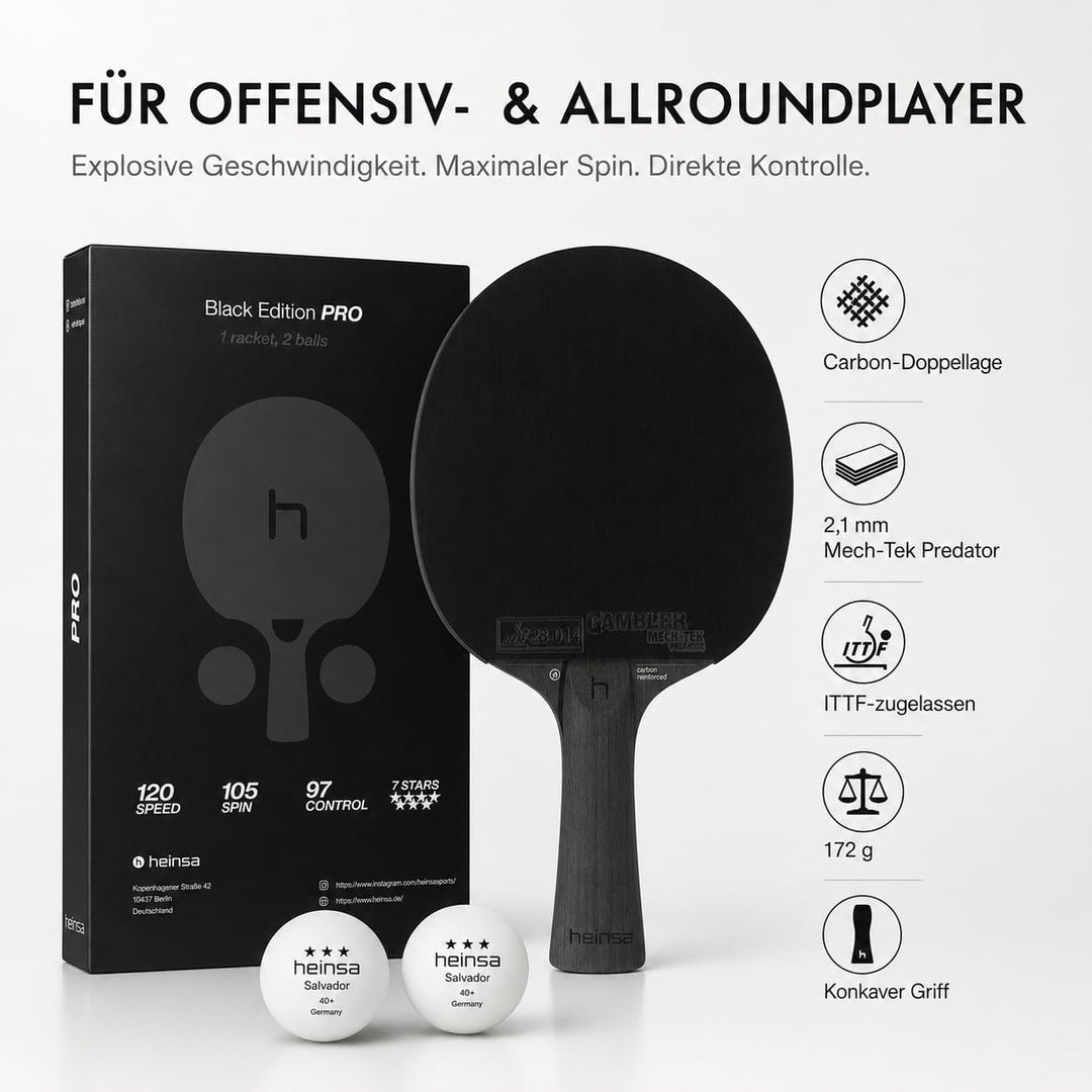 Black Edition Pro – Carbon Tischtennisschläger mit Mech-Tek Predator Belag (2,1 mm), ITTF-zugelassen