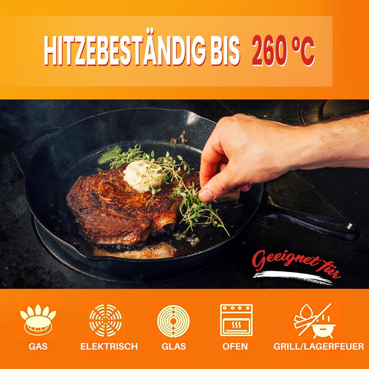 NutriChef Gusseisenpfanne Induktion – Cast Iron Pan, Cast Iron Skillet – Voreingebrante 3er Pan Set